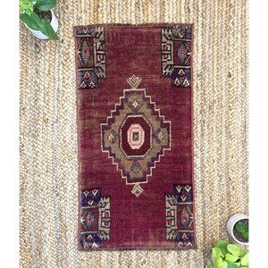 Vintage Small Boho Turkish Wool 2x3 Rug Burgundy